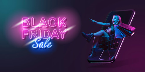Beautiful woman inviting for shopping right from device screen_ black friday_ sales concept. Flyer. Cyber monday and online purchases_ negative space for ad. Finance and money. Dark neon background.