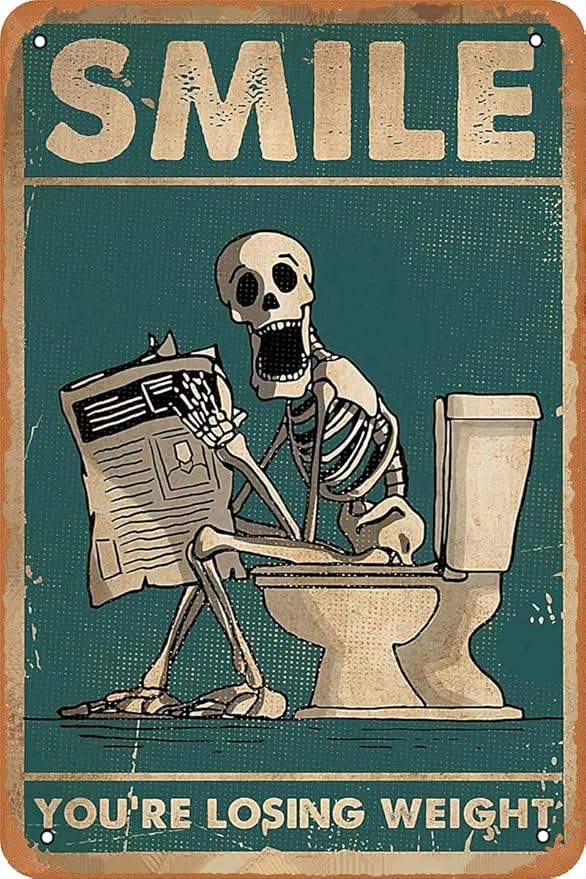 YUTTZ Funny Toilet Bathroom Decor Skeleton Skull Reading Newspapers Sign Retro Metal Tin Sign Vintage Bar Wall Decor Metal Poster 8x12 Inch