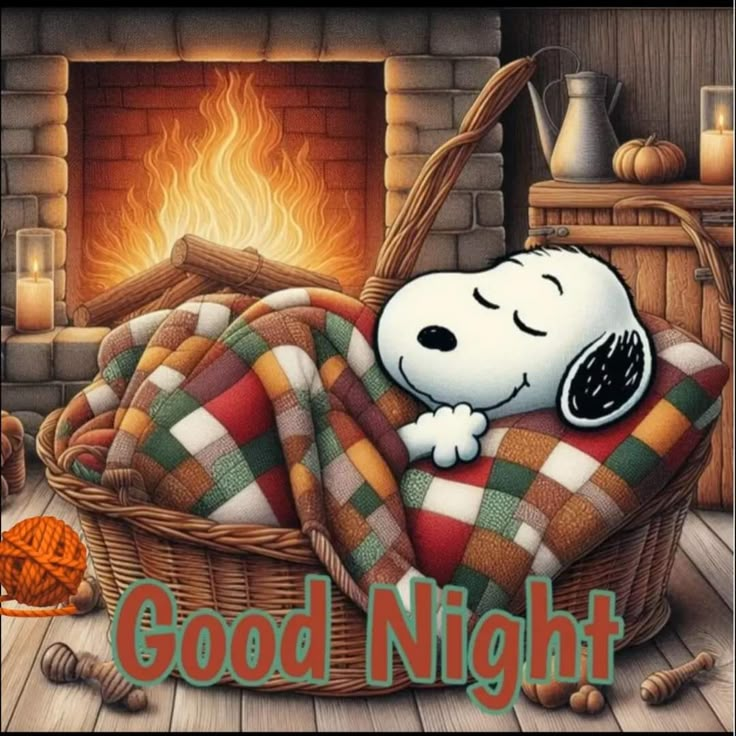 This may contain: a painting of a snoopy sleeping on a blanket in front of a fireplace