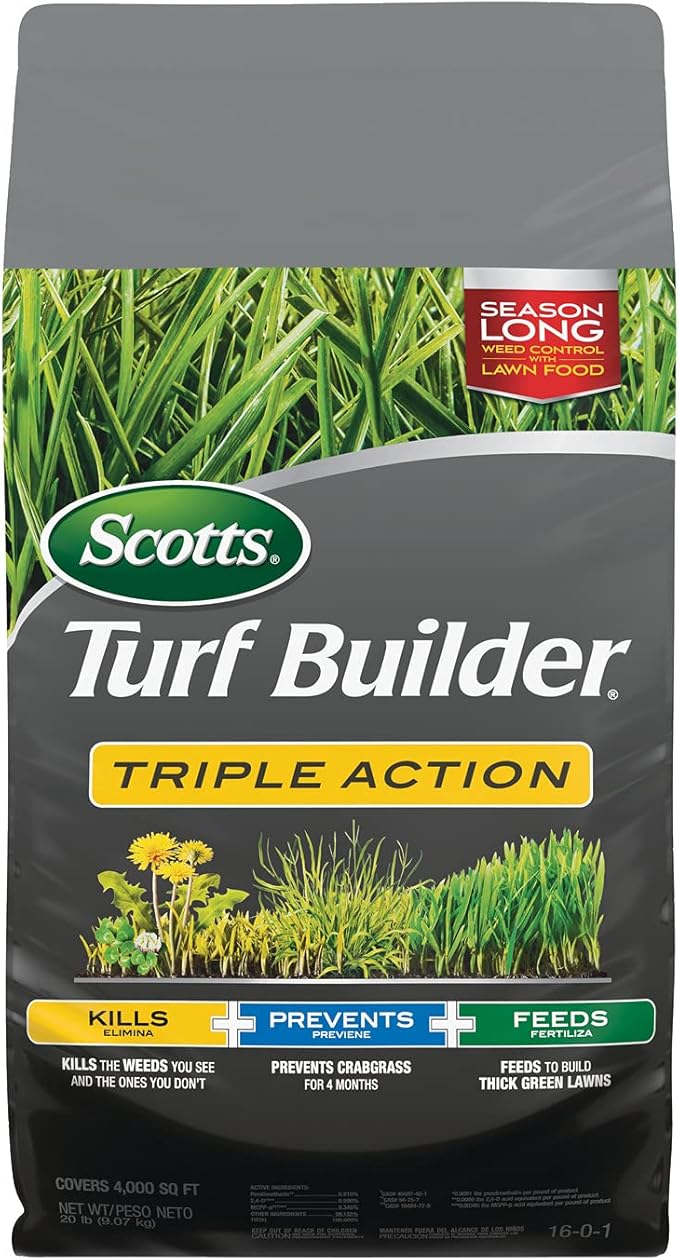 Scotts Turf Builder Triple Action - Weed Killer & Preventer, Lawn Fertilizer, Prevents Crabgrass, Kills Dandelion, Clover, Chickweed & More, Covers up to 4,000 sq. ft., 20 lb.