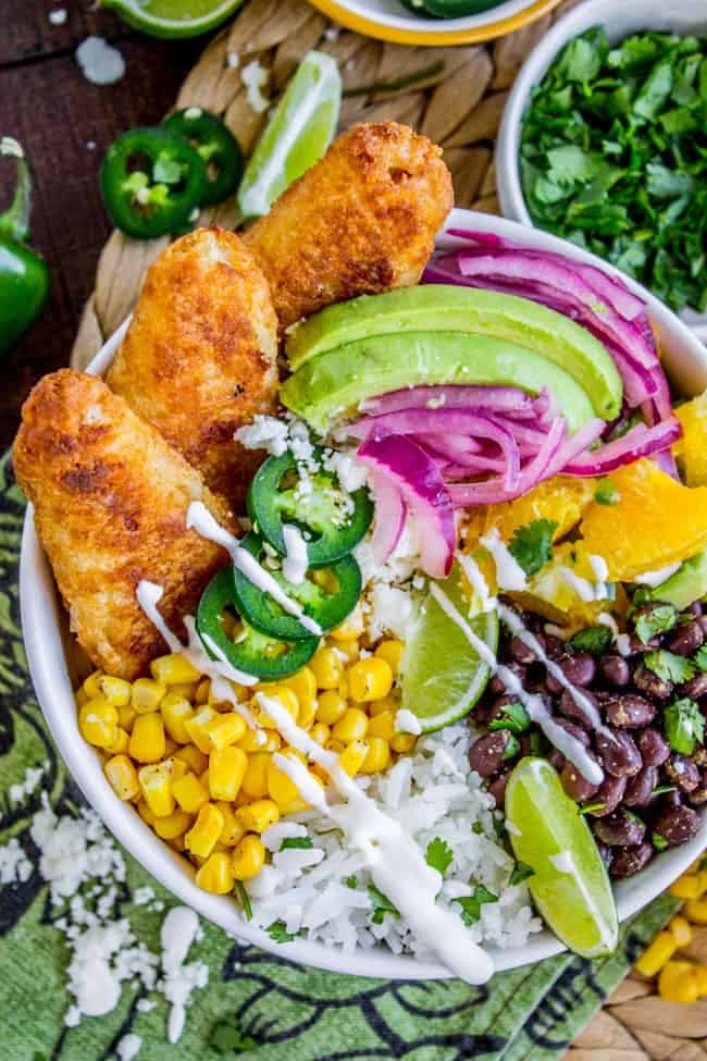 battered fish bowl with toppings.