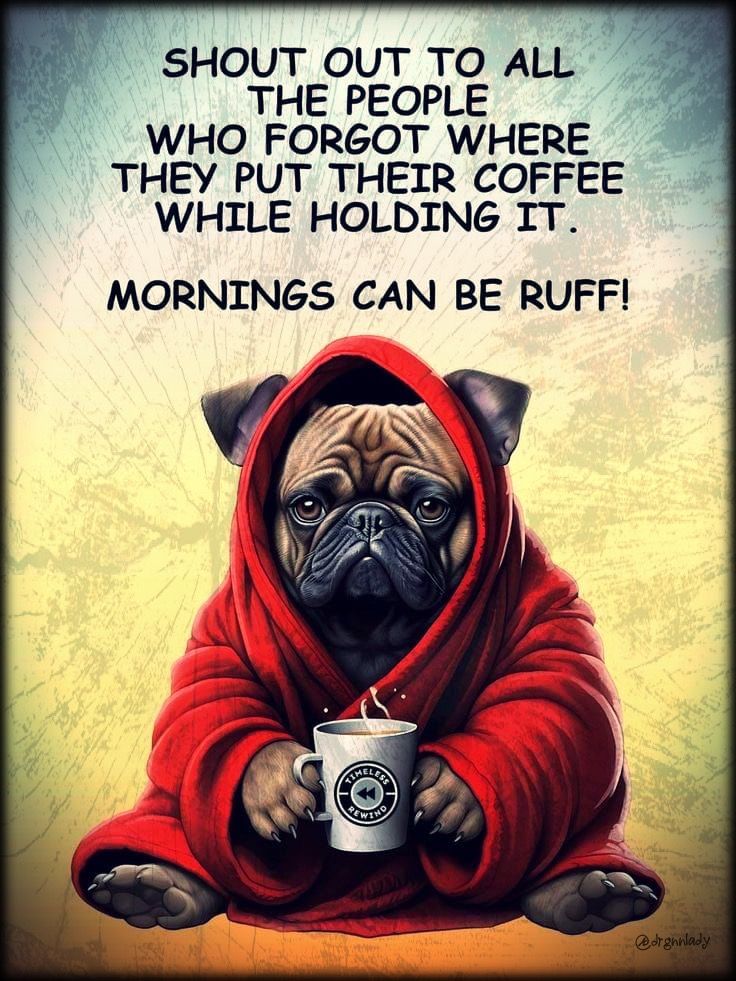 This may contain: a pug dog in a red robe holding a coffee cup with the caption, morning can be ruff