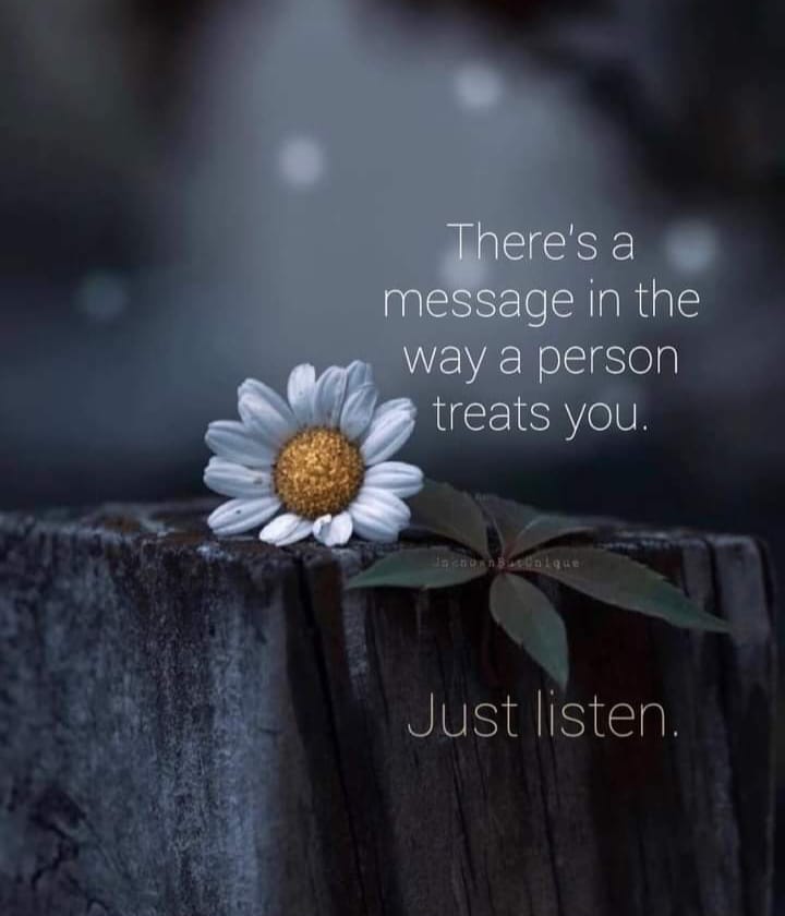 May be an image of flower and text that says 'There's a message in the way a person treats you. Just Justlisten. listen.'