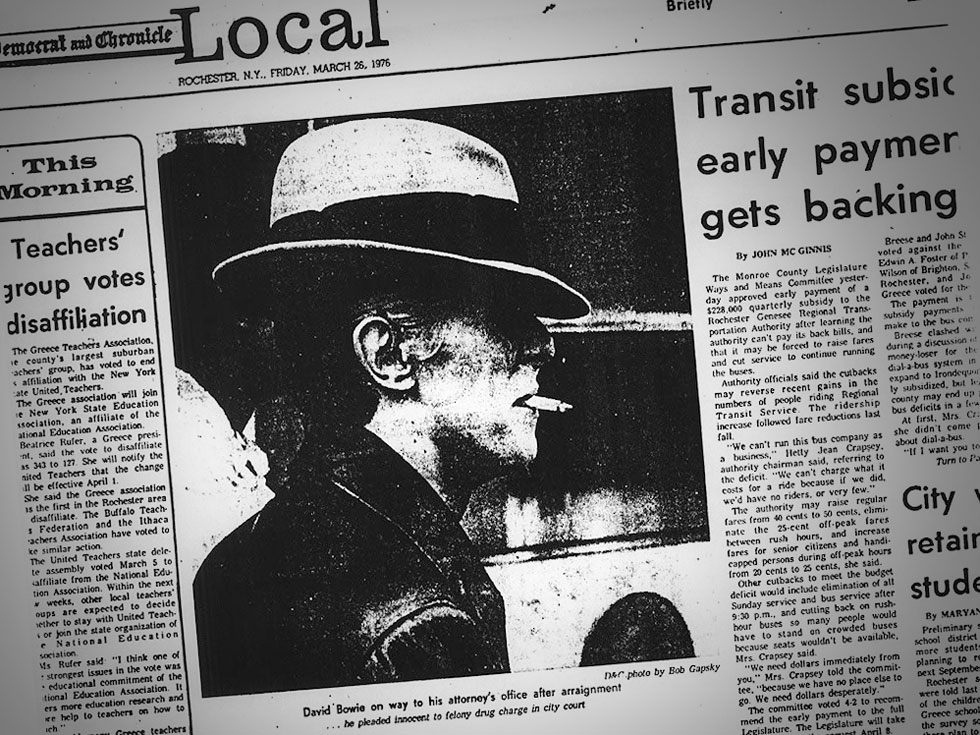 David Bowie's mugshot after being arrested in Rochester NY for possession of marijuana. [PHOTO: Bob Gapspy, D&C]