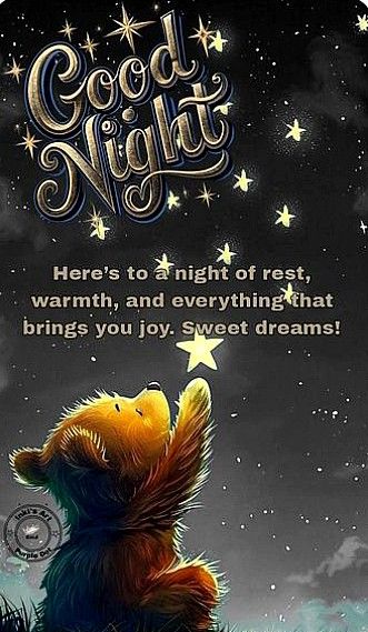 This may contain: a teddy bear sitting on top of a grass covered field next to a night sky