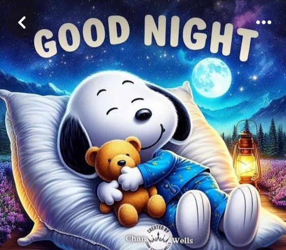 This may contain: a cartoon dog laying on top of a pillow holding a teddy bear with the words good night written above it