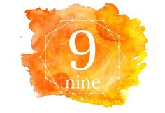 This may contain: the number nine nine on an orange and yellow watercolor background