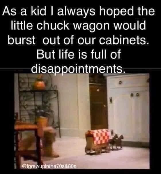 This may contain: a child sitting in a chair with the caption as a kid i always hoped the little chuck wagon would burst out of our cabinets but life is full of disappointments