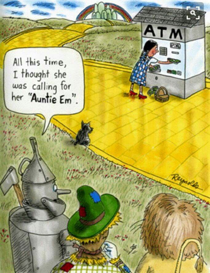 This may contain: a cartoon drawing of an atm machine and two children sitting on the ground talking to each other