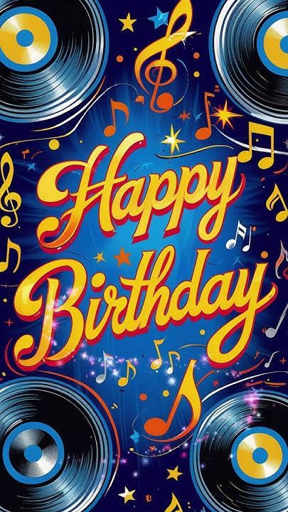 This may contain: happy birthday card with music speakers and musical notes on the blue background, stars and confetti