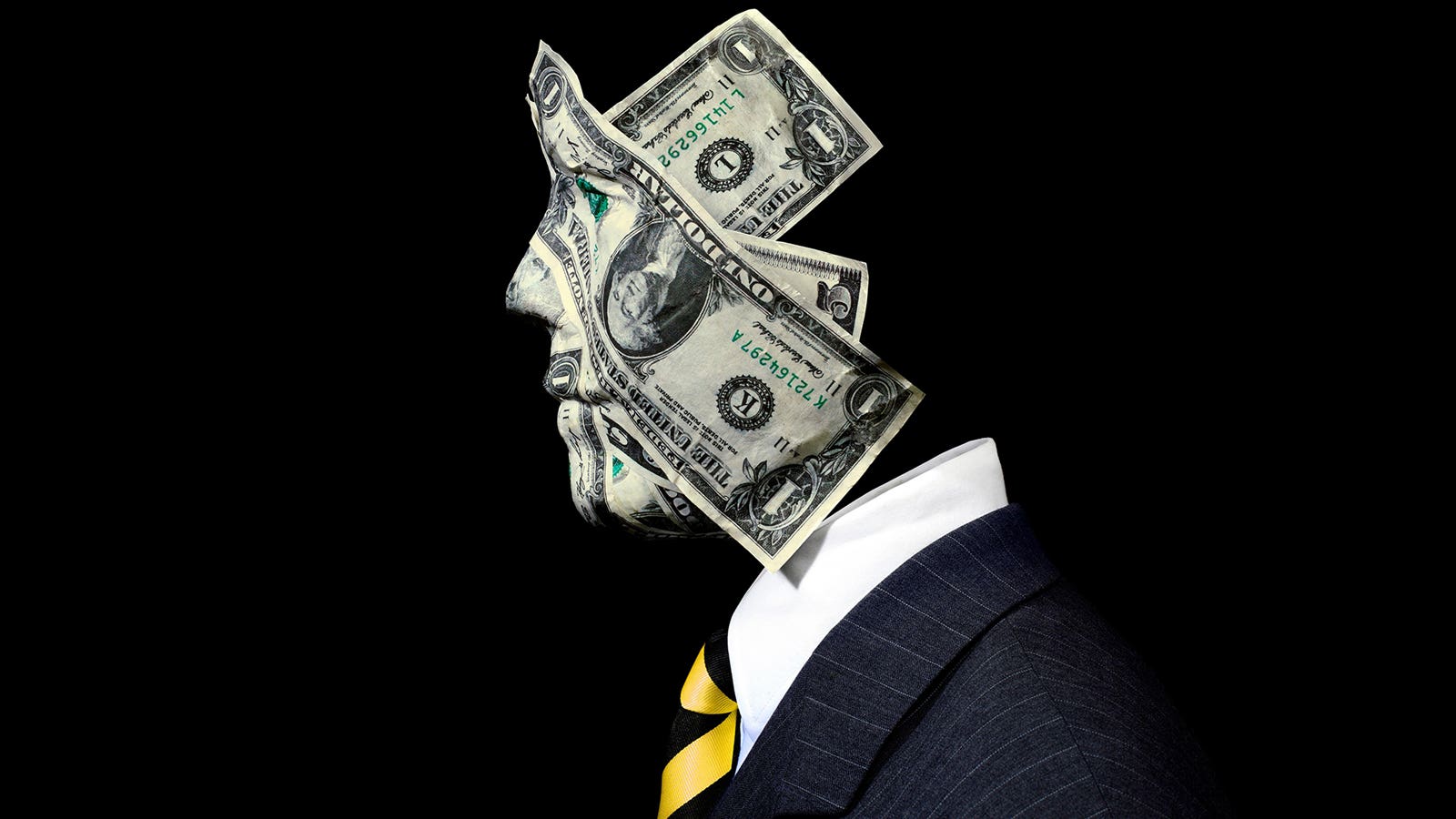 A computer rendering of a businessman with a face made of dollar bills.