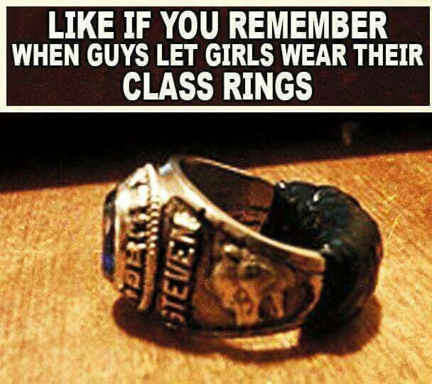 This may contain: a ring that says, like if you remember when guys let girls wear their class rings