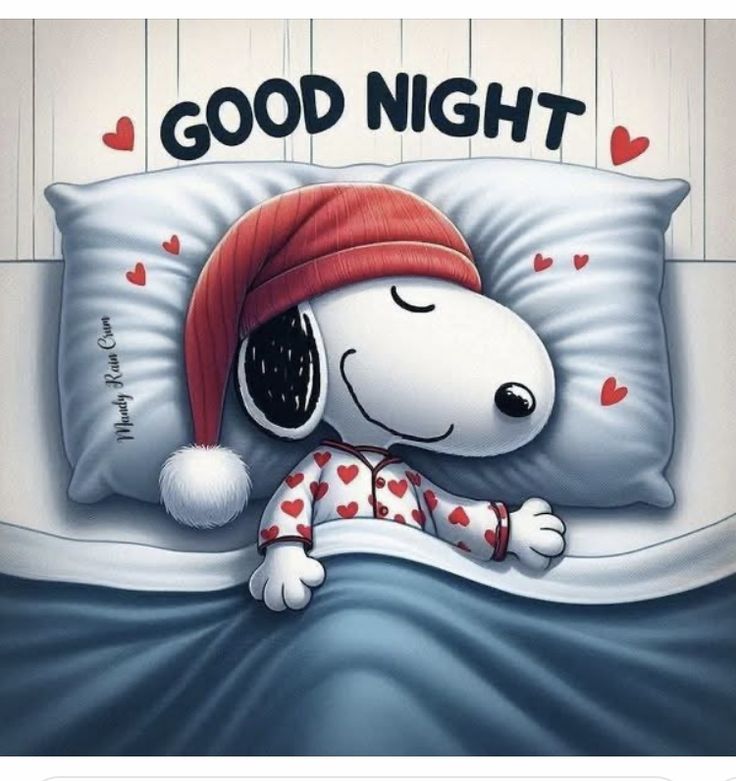 This may contain: a snoopy dog sleeping on top of a bed with the words good night written above it
