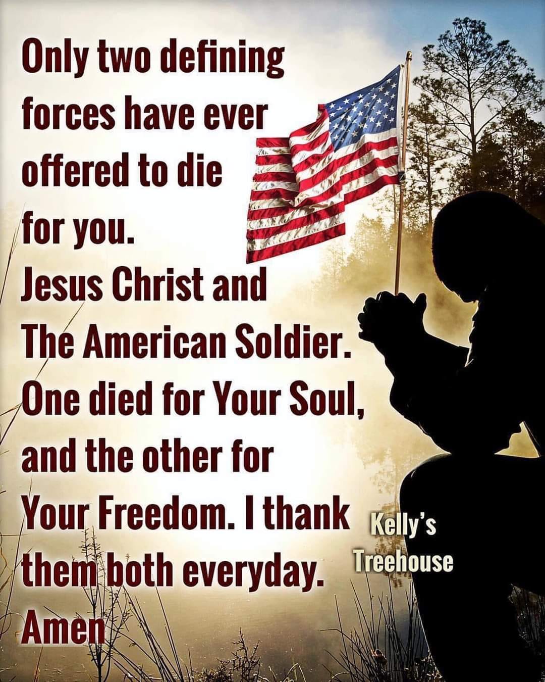 May be an image of 1 person and text that says 'Only two defining forces have ever offered to die for you. Jesus Christ and The American Soldier. One died for Your Soul, and the other for Your Freedom. I thank Kelly's S them both everyday. Treehouse Amen'