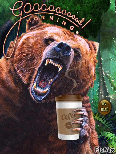 This may contain: a bear holding a cup of coffee with its mouth open and the words good morning written on it