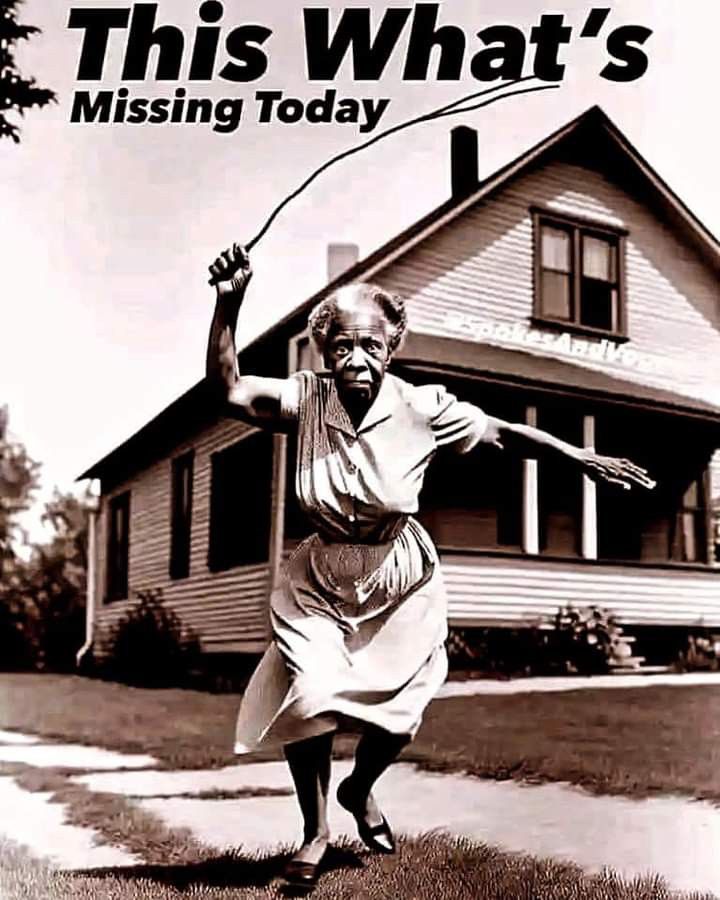 This may contain: an old photo of a woman in front of a house that says, this what's missing today