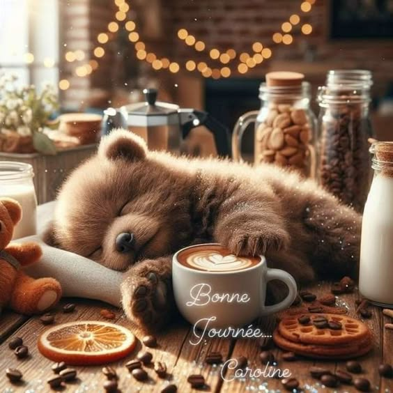 This may contain: a teddy bear is sleeping next to a cup of coffee and some cookies on the table