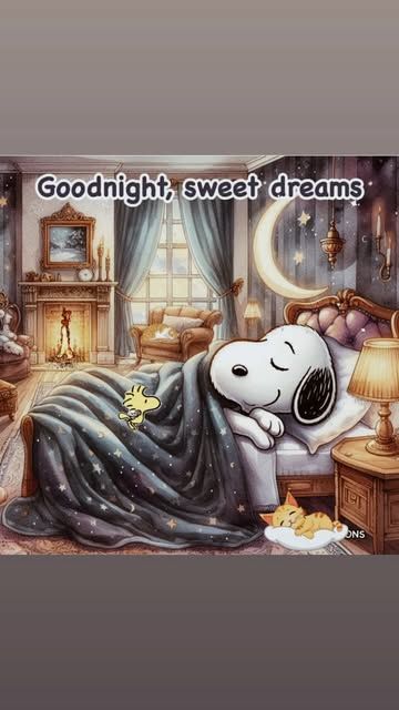 This may contain: there is a snoopy sleeping on the bed with his eyes closed