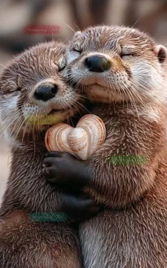 This may contain: two otters hugging each other with their hands