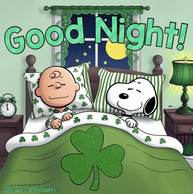 This may contain: a cartoon character is sleeping in his bed with a green blanket and pillow cover that says good night