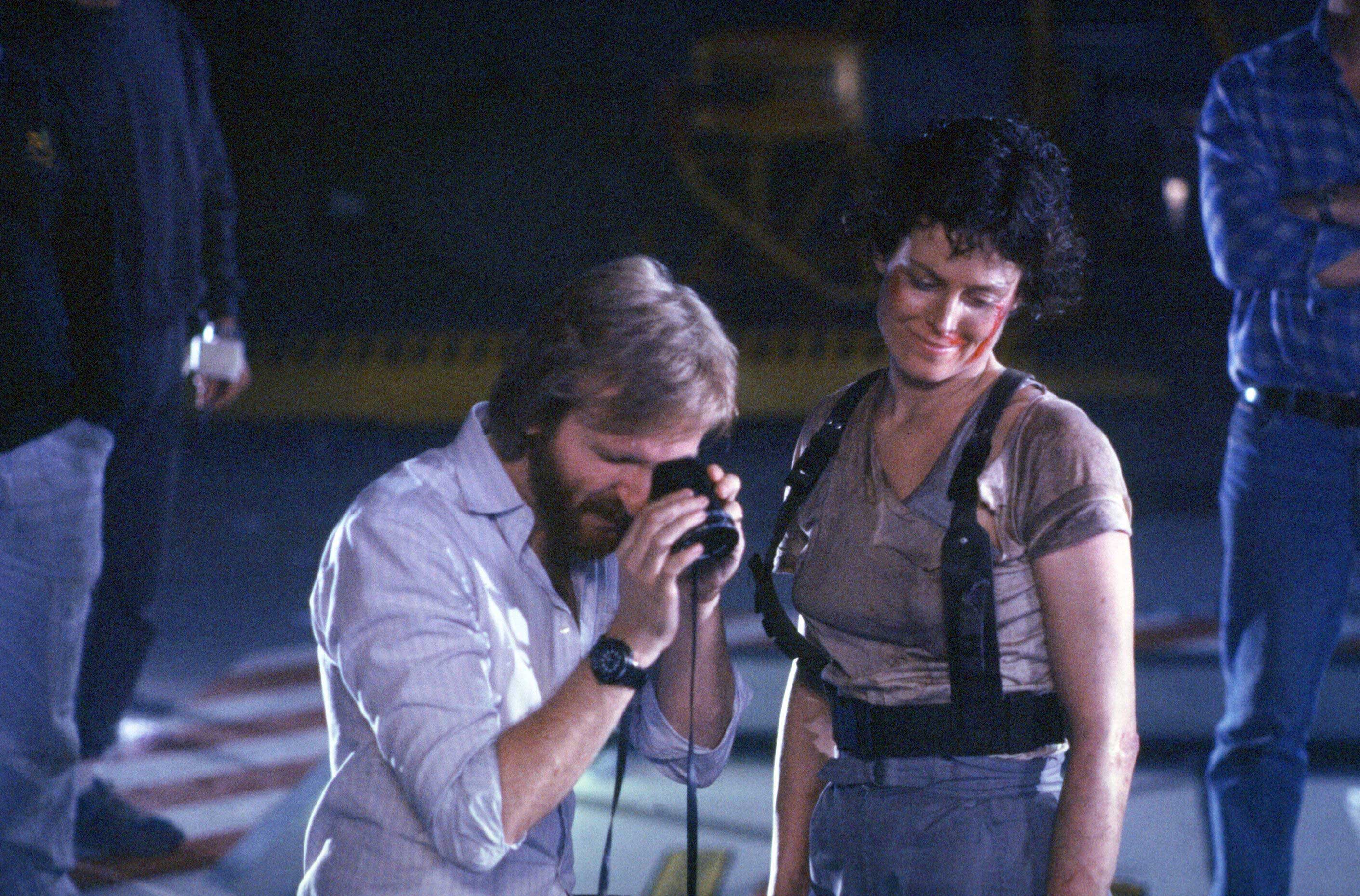 James Cameron and Sigourney Weaver on the set of Aliens.