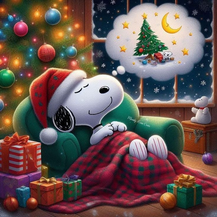 This may contain: a snoopy christmas scene with a dog sleeping on a couch next to a christmas tree