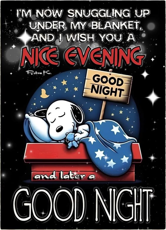 This may contain: a snoopy cartoon character sleeping on top of a bed with a good night sign