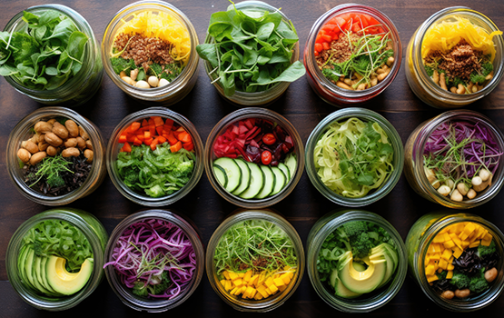 Three rows of Mason Jars top-down view of colorful meals