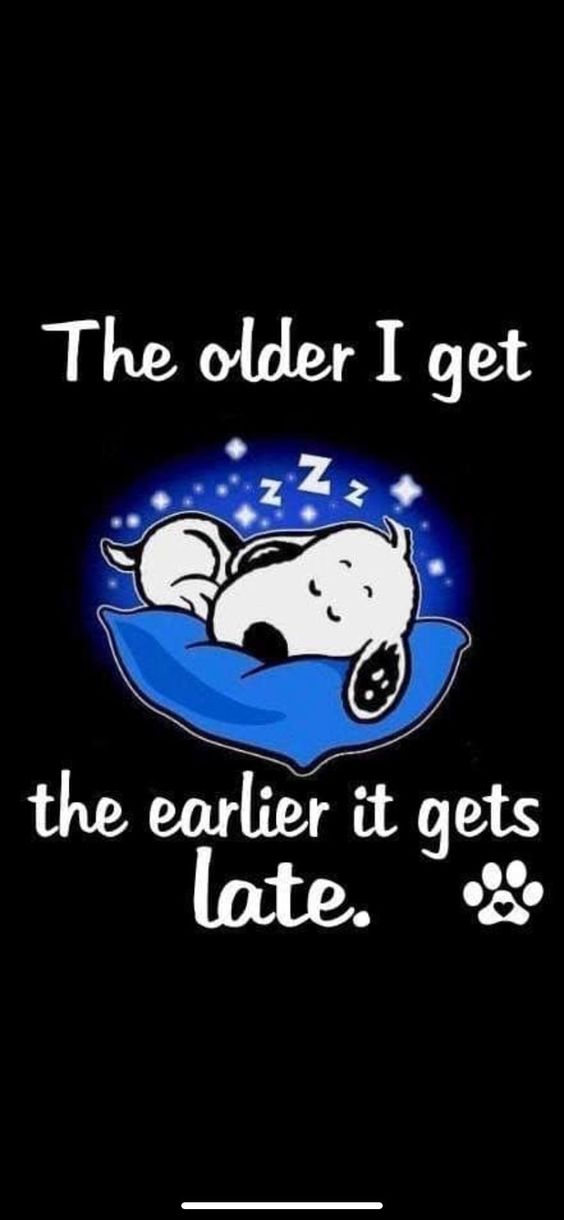 This may contain: a dog sleeping on top of a pillow that says, the older i get the earlier it gets late