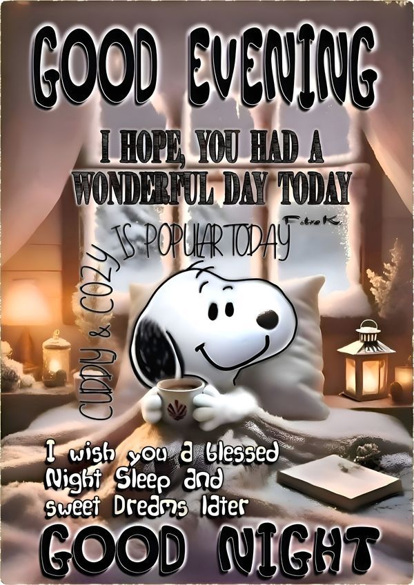 This may contain: snoopy good evening i hope you had a wonderful day today so wish you a happy sleep and sweet dreams later good night
