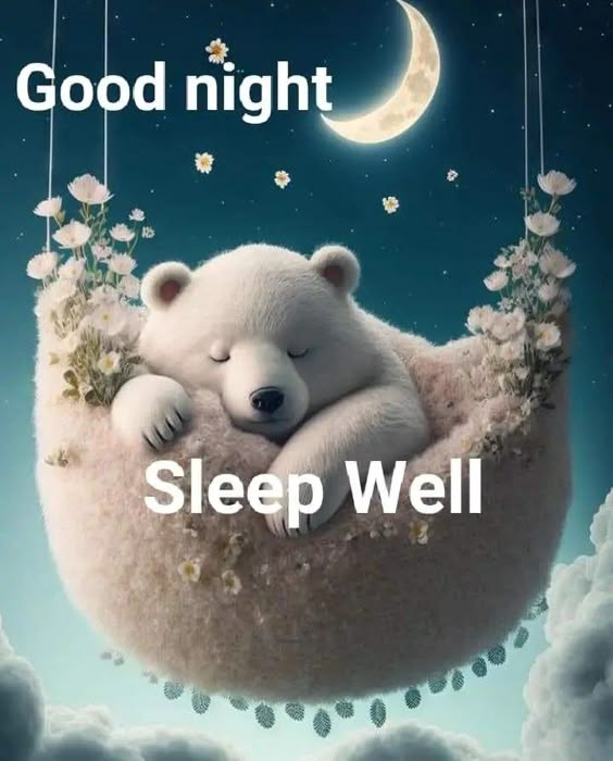 This may contain: a polar bear sleeping on top of a pillow with the caption good night sleep well